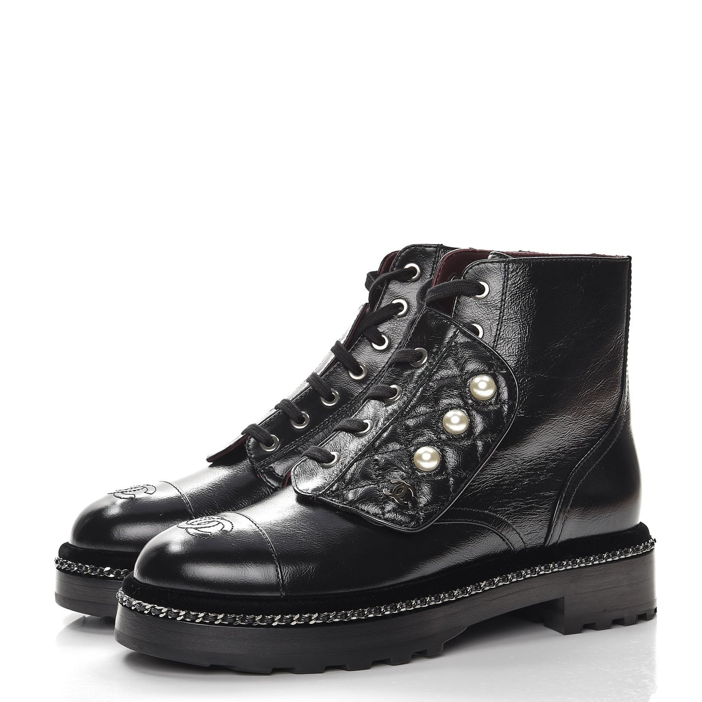 Crackled Calfskin Velvet Pearl Combat Short Boots 37.5 Black