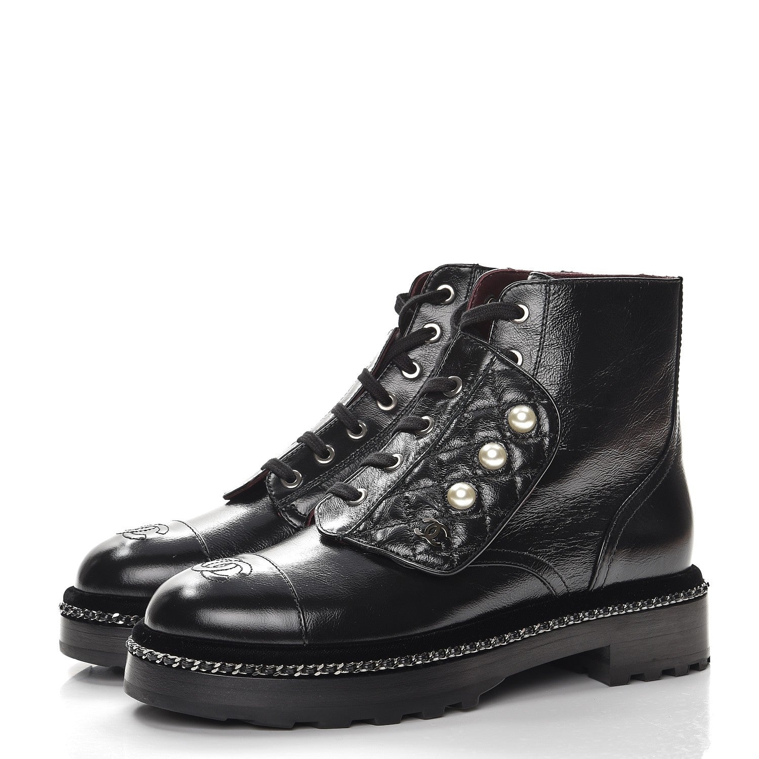 Chanel Crackled Calfskin Velvet Pearl Combat Short Boots 37.5 Black 2 of 8