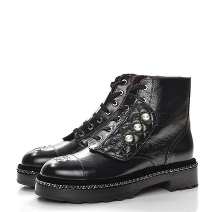 Chanel Crackled Calfskin Velvet Pearl Combat Short Boots 37.5 Black 2 of 8