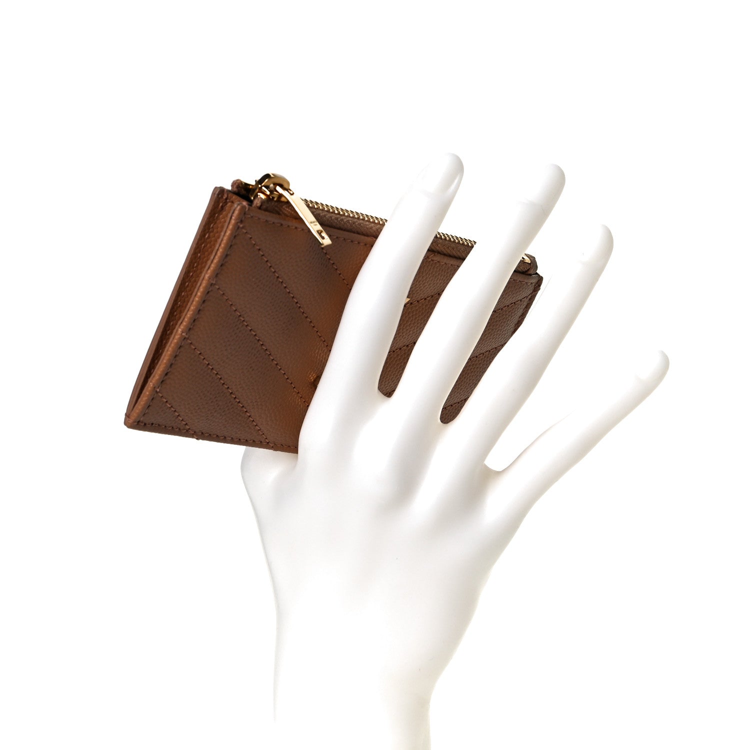 Saint Laurent Grain De Poudre Matelasse Chevron Monogram Fragments Zippered Card Case Cork 5 of 6