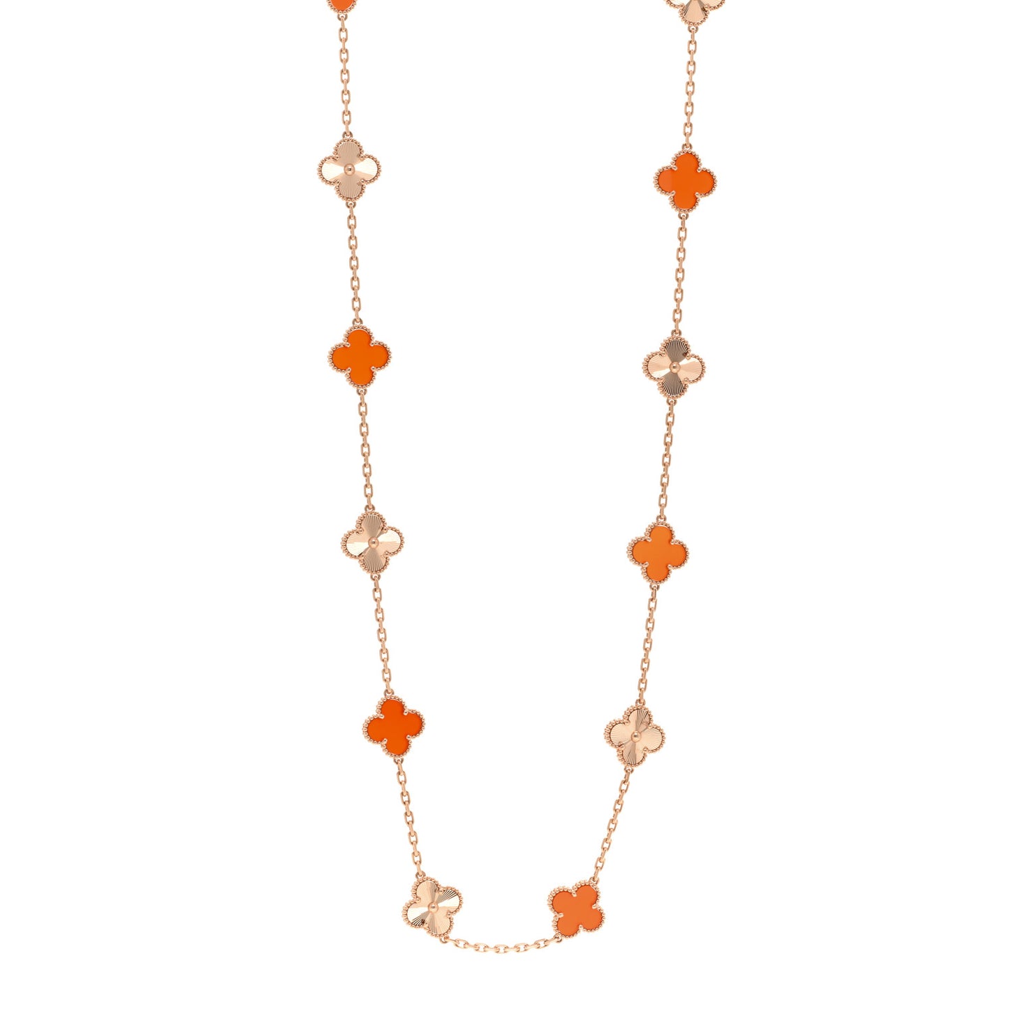 18K Rose Gold Carnelian 20 Motifs Guilloche Vintage Alhambra Necklace