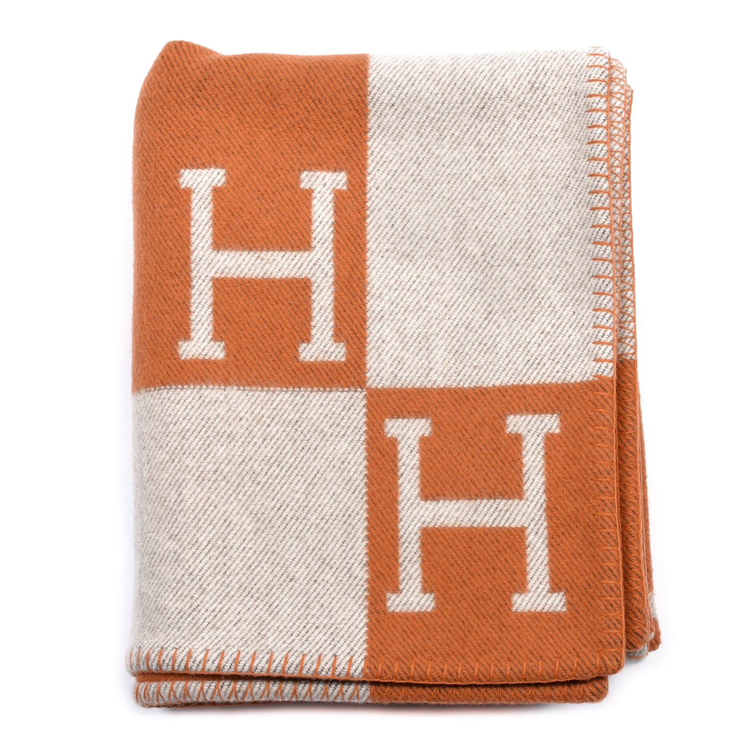 Hermes Wool Cashmere Signature Classic Avalon Blanket Ecru Potiron 1 of 3