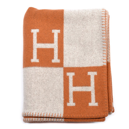 Hermes Wool Cashmere Signature Classic Avalon Blanket Ecru Potiron 1 of 3