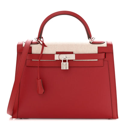 Hermes Berline Toile Swift Kelly Sellier 32 Rouge Piment Ecru 1 of 11