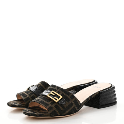 Fendi Jacquard Calfskin FF Crocodile Embossed Promenade Slide Sandals 35.5 Tobacco Moro Black 3 of 8
