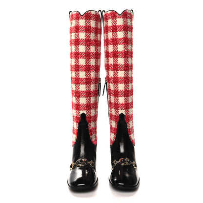 Gucci Tweed Naplack Gingham Zumi Knee Boots 37 White Red Black 2 of 9