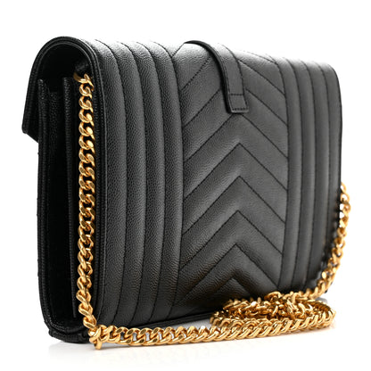 Saint Laurent Grain De Poudre Mixed Matelasse Triquilt Monogram Chain Wallet Black 3 of 9