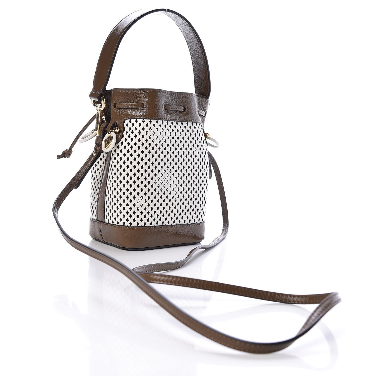 Fendi Vitello Liberty Glossy Lambskin F is Fendi Perforated Mini Mon Tresor Bucket Bag White Ice Rust Maya 3 of 9