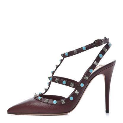Valentino Garavani Pebbled Calfskin Turquoise Rockstud Rolling Ankle Strap 100mm Pumps 38 Rubin 1 of 20