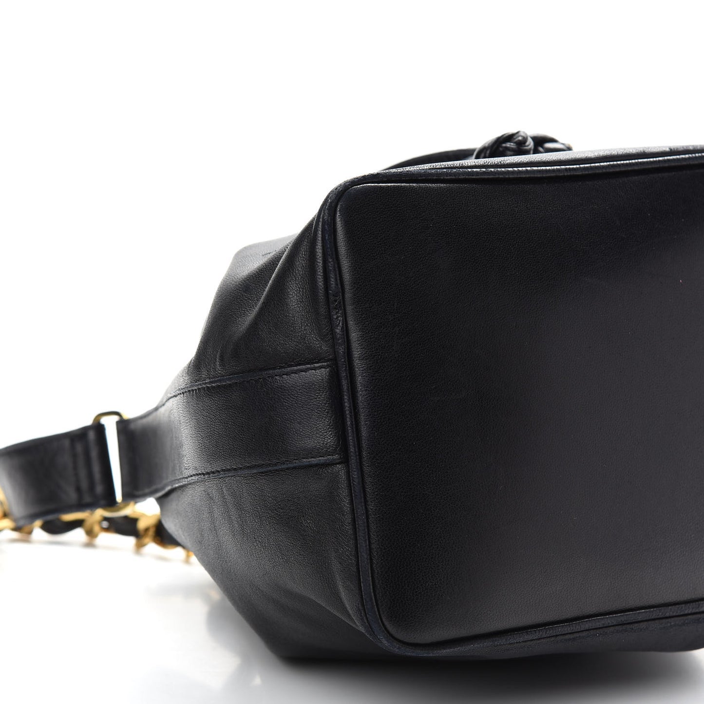 Lambskin CC Stitched Drawstring Bucket Bag Black