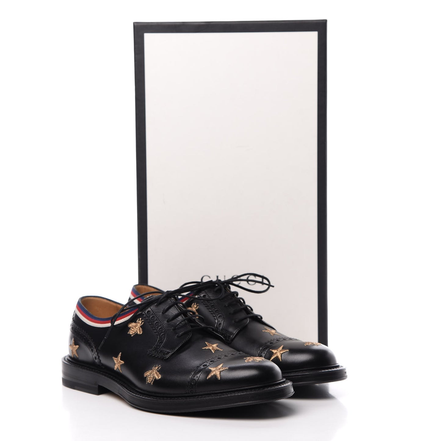 Calfskin Bee Star Embroidered Mens Captoe Derby Loafers 6 Black