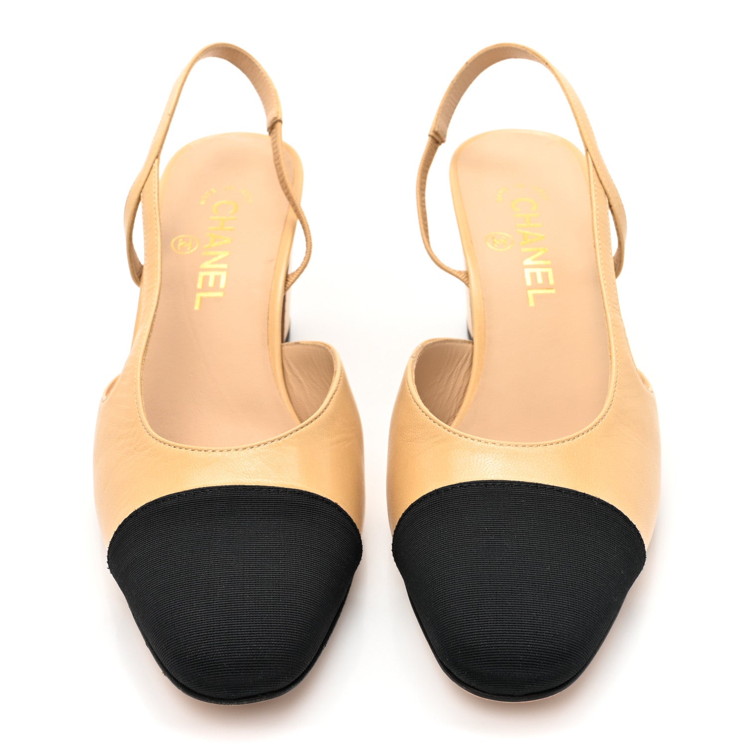 Chanel Goatskin Grosgrain Cap Toe CC Slingback Pumps 40 Beige Black 2 of 12