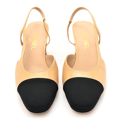 Chanel Goatskin Grosgrain Cap Toe CC Slingback Pumps 40 Beige Black 2 of 12