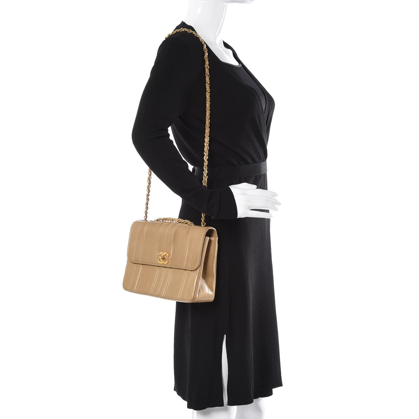 Lambskin Vertical Quilt Small Single Flap Beige