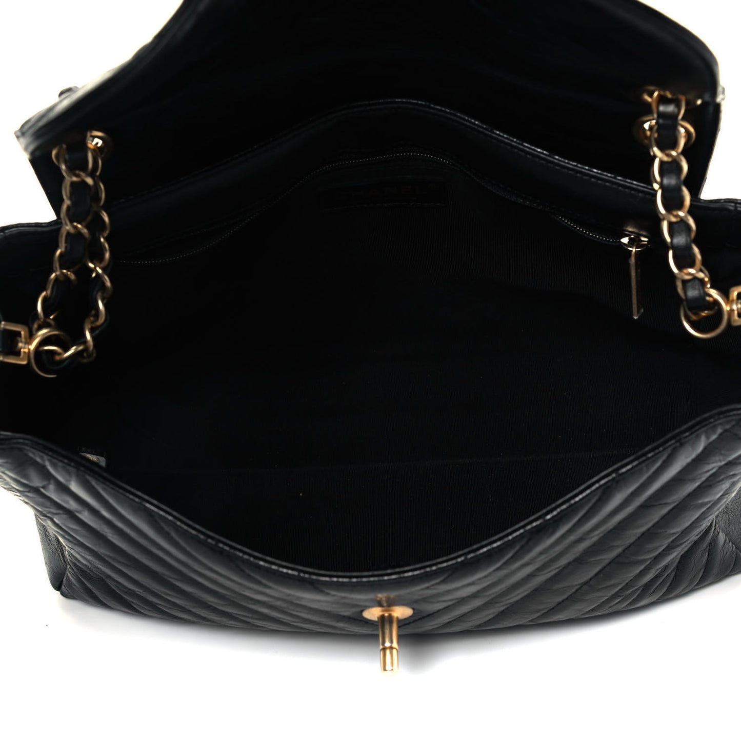 Glazed Calfskin Chevron Quilted Large Hampton Flap Black