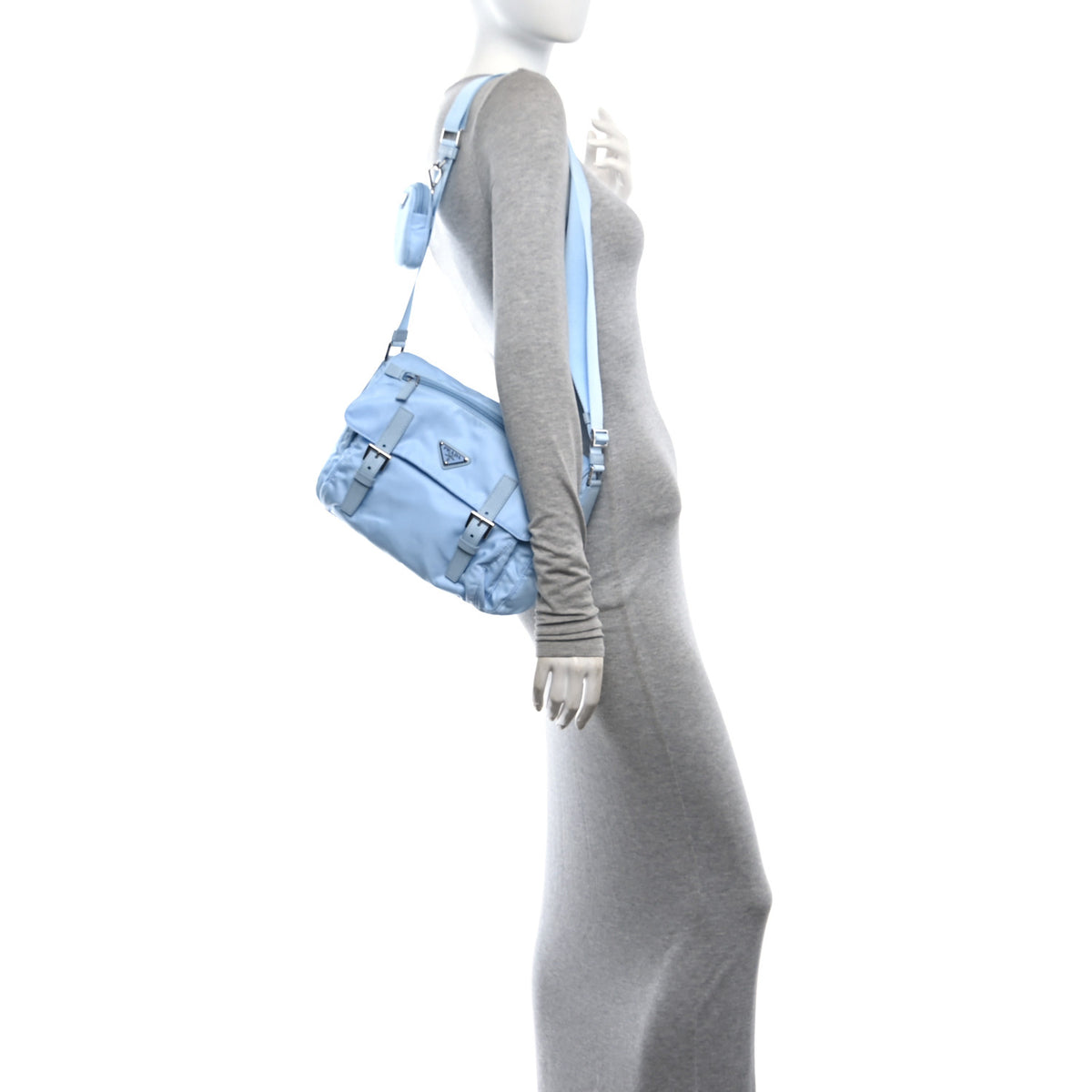 Re-Nylon Vela Saffiano Pocket Double Buckle Messenger Shoulder Bag Celeste