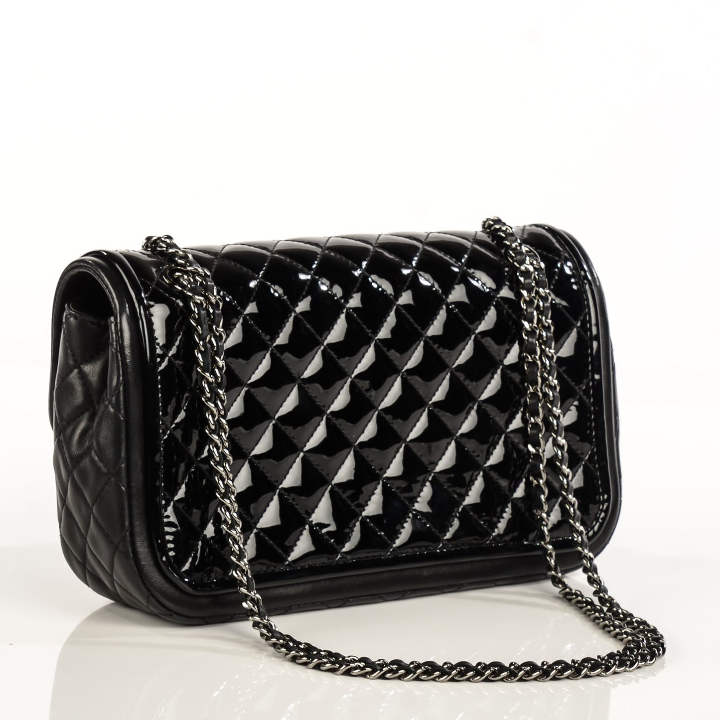 Lambskin Patent Quilted CC Twist Flap Black