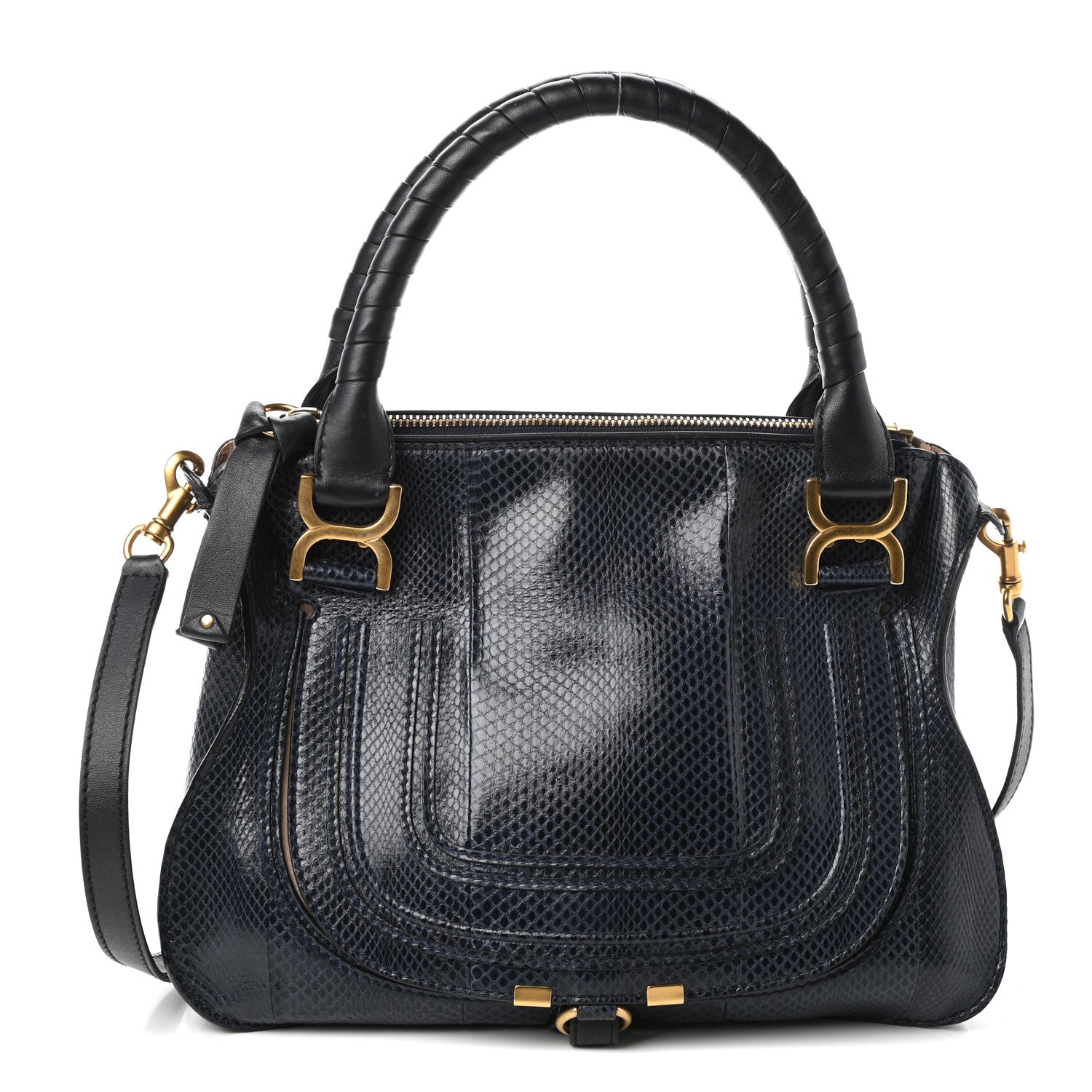 Chloe Calfskin Snake Embossed Medium Marcie Satchel Navy 1 of 9