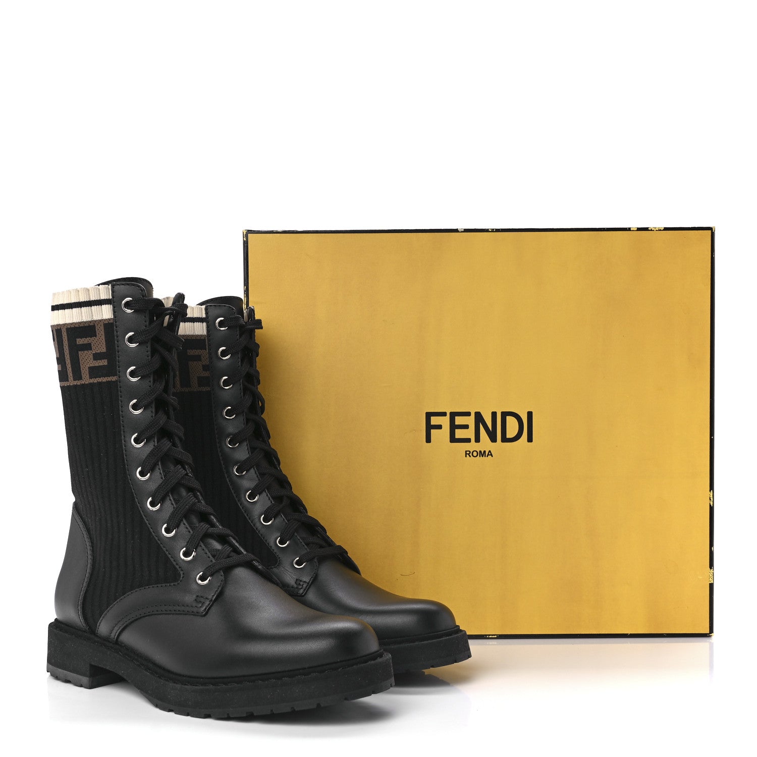 Fendi Calfskin Stretch Fabric Rockoko Biker Boots 39 Tobacco Black Marino 8 of 8