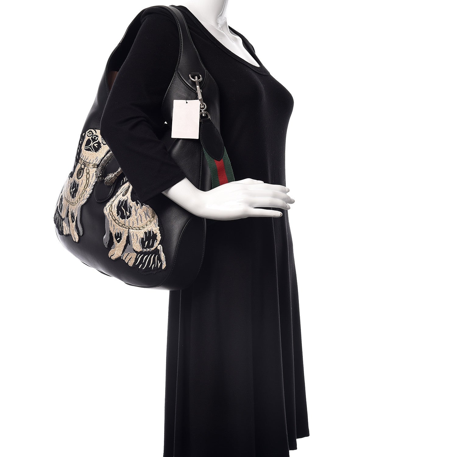 Gucci Calfskin Web Dog Embroidered Large Dionysus Hobo Black 2 of 10