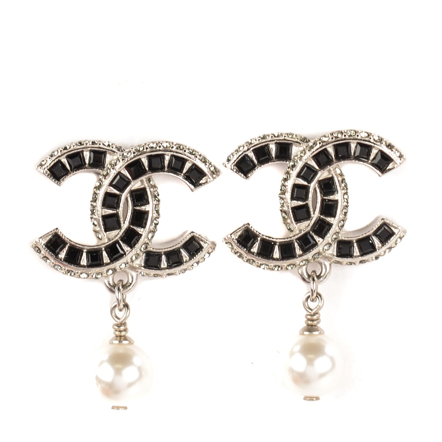 Crystal Baguette Pearl CC Drop Earrings Silver