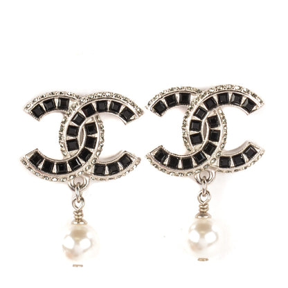 Chanel Crystal Baguette Pearl CC Drop Earrings Silver 1 of 5