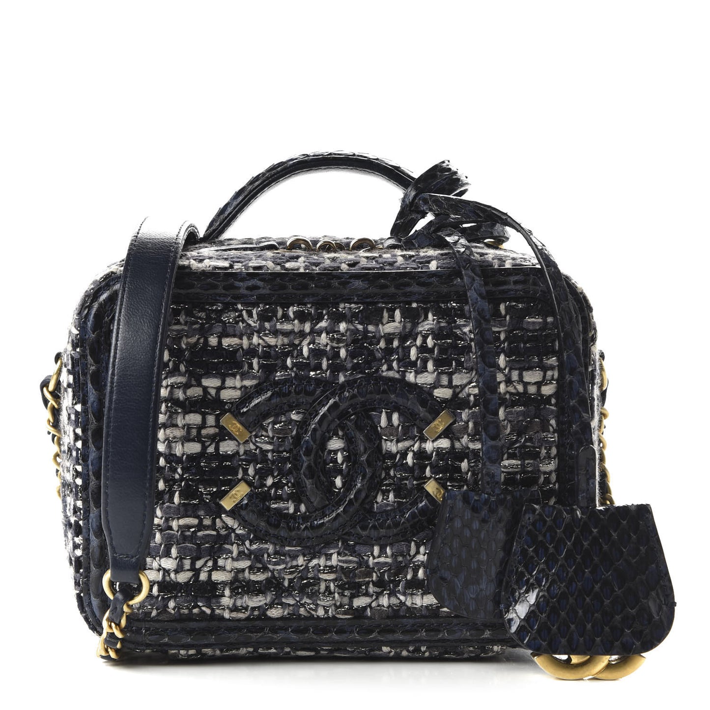 Tweed Snakeskin Quilted Small CC Filigree Vanity Case Black Ecru Silver
