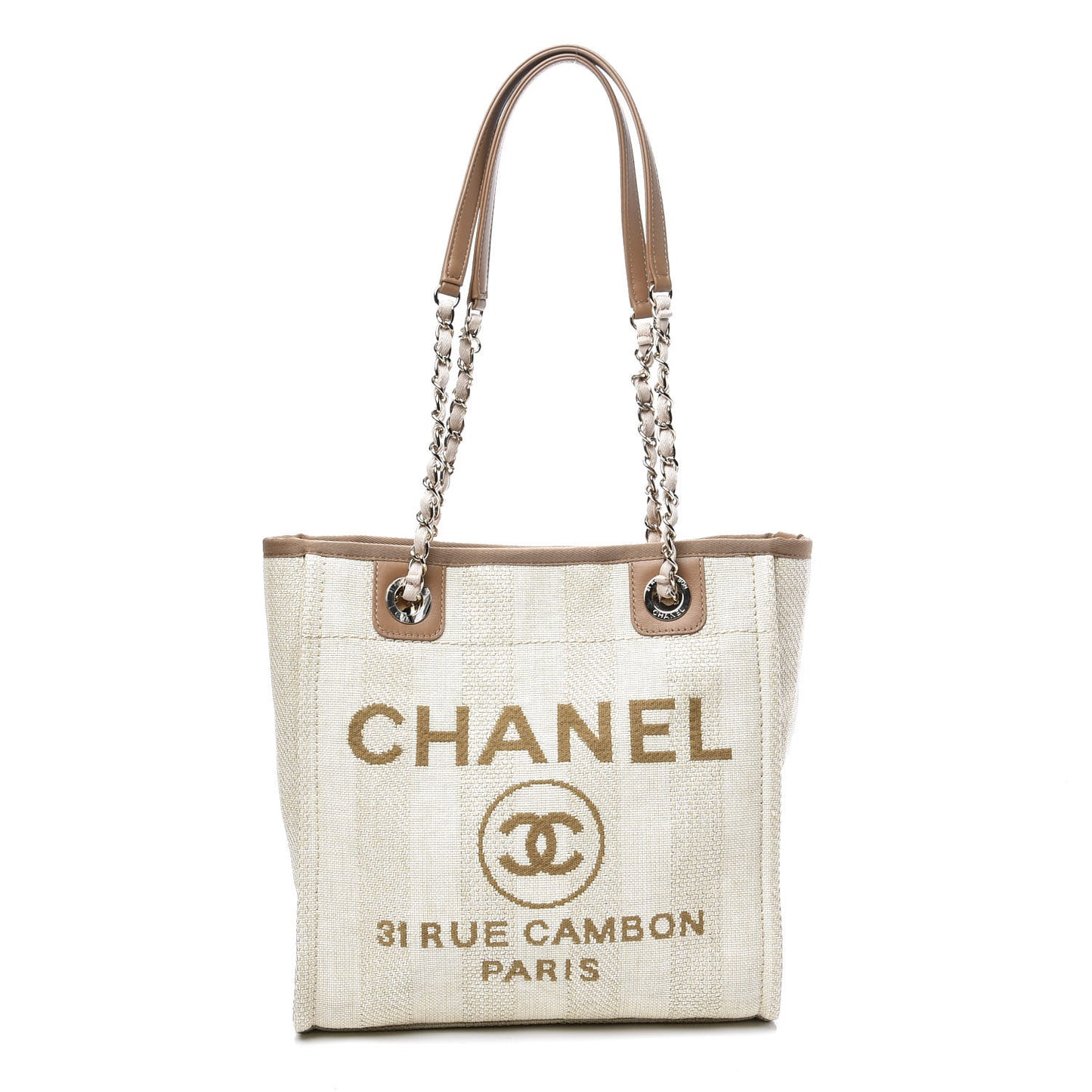 Straw Raffia Calfskin Striped Mini Deauville Tote Beige