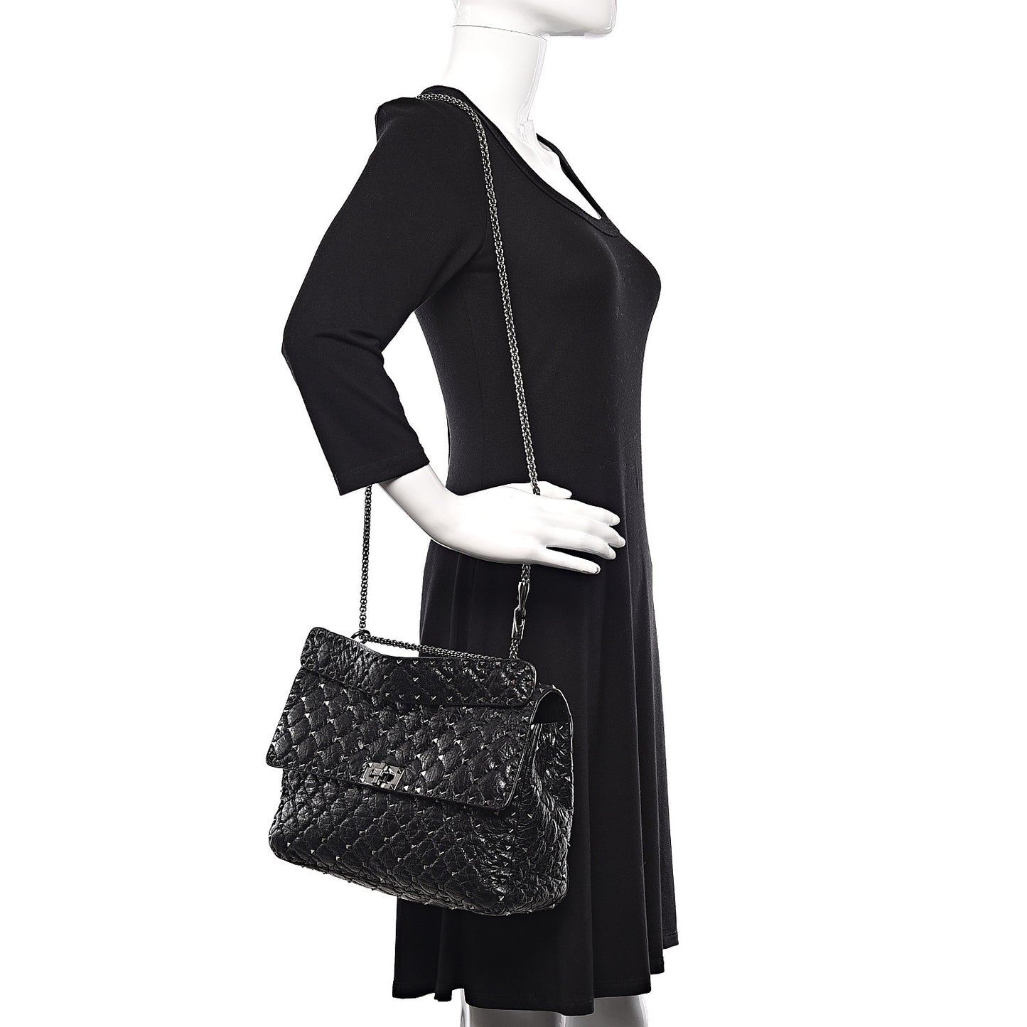Craquele Nappa Large Rockstud Spike Shoulder Bag Black