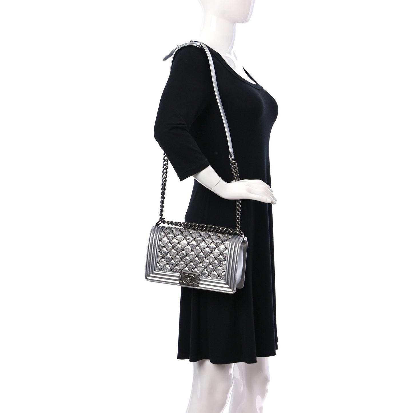 Metallic Lambskin Embellished Medium Boy Flap Silver