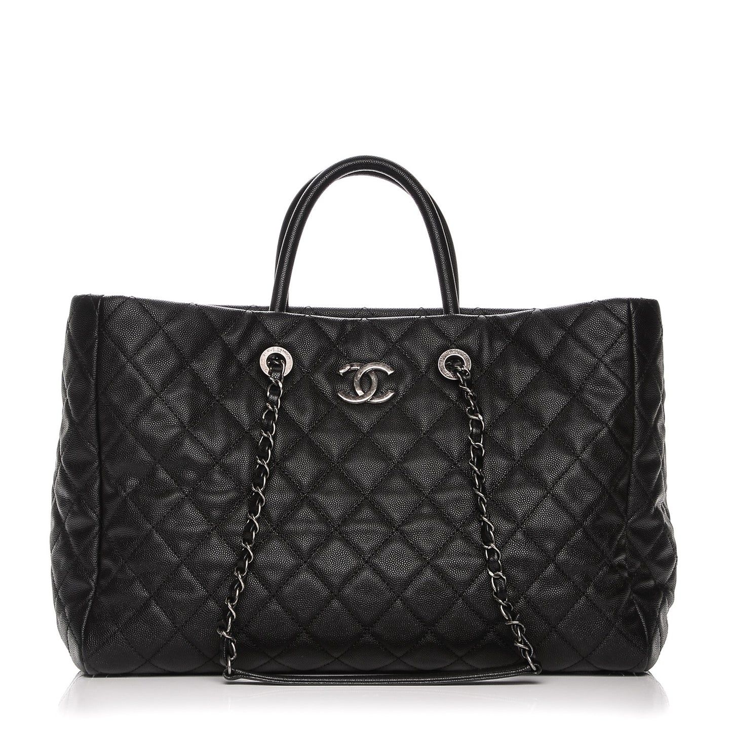Caviar Quilted Large Coco Handle Shopping Tote Black