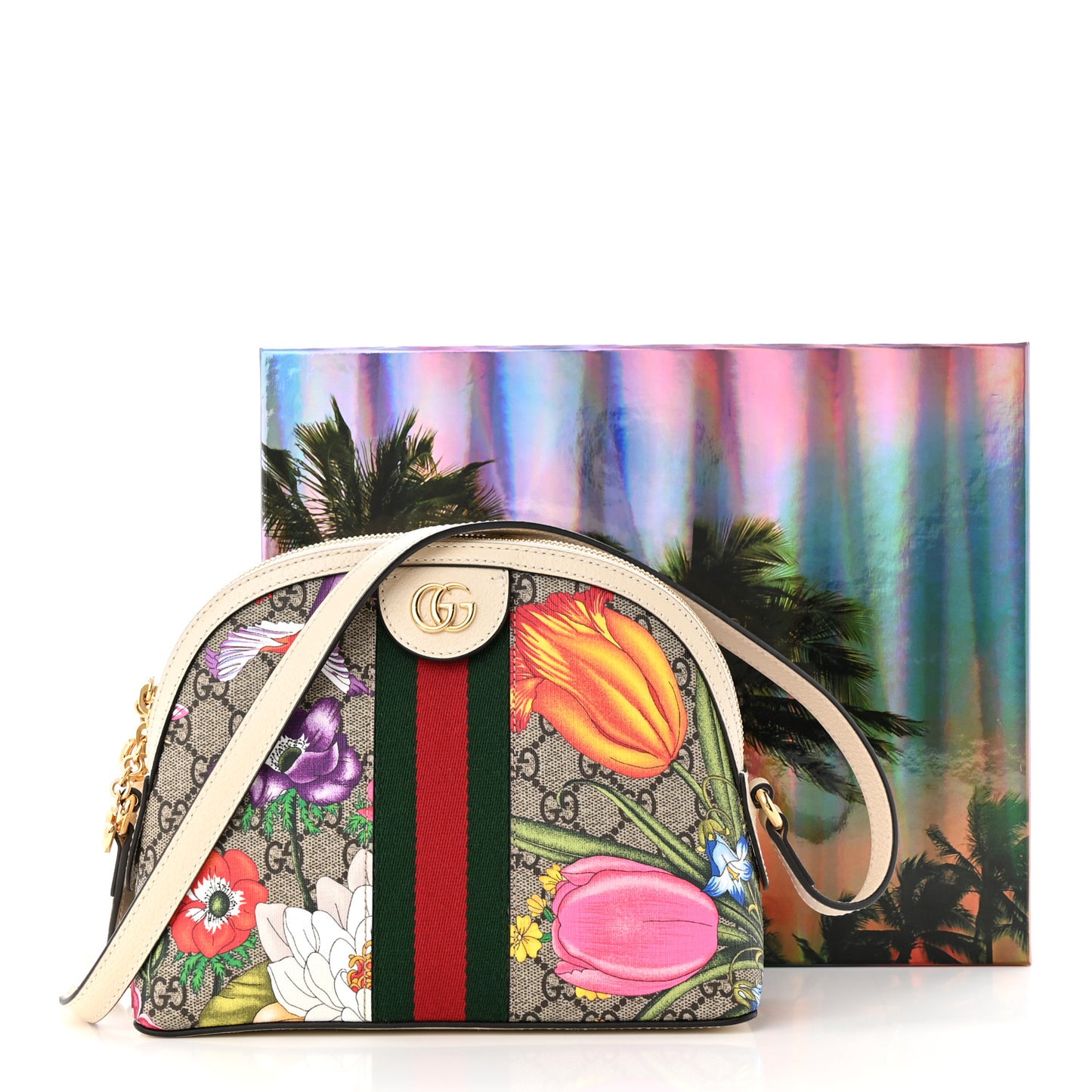 GG Supreme Monogram Flora Web GG Small Ophidia Dome Shoulder Bag White