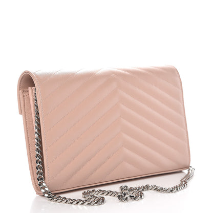 Saint Laurent Grain De Poudre Matelasse Chevron Monogram Chain Wallet Pale Pink 3 of 7