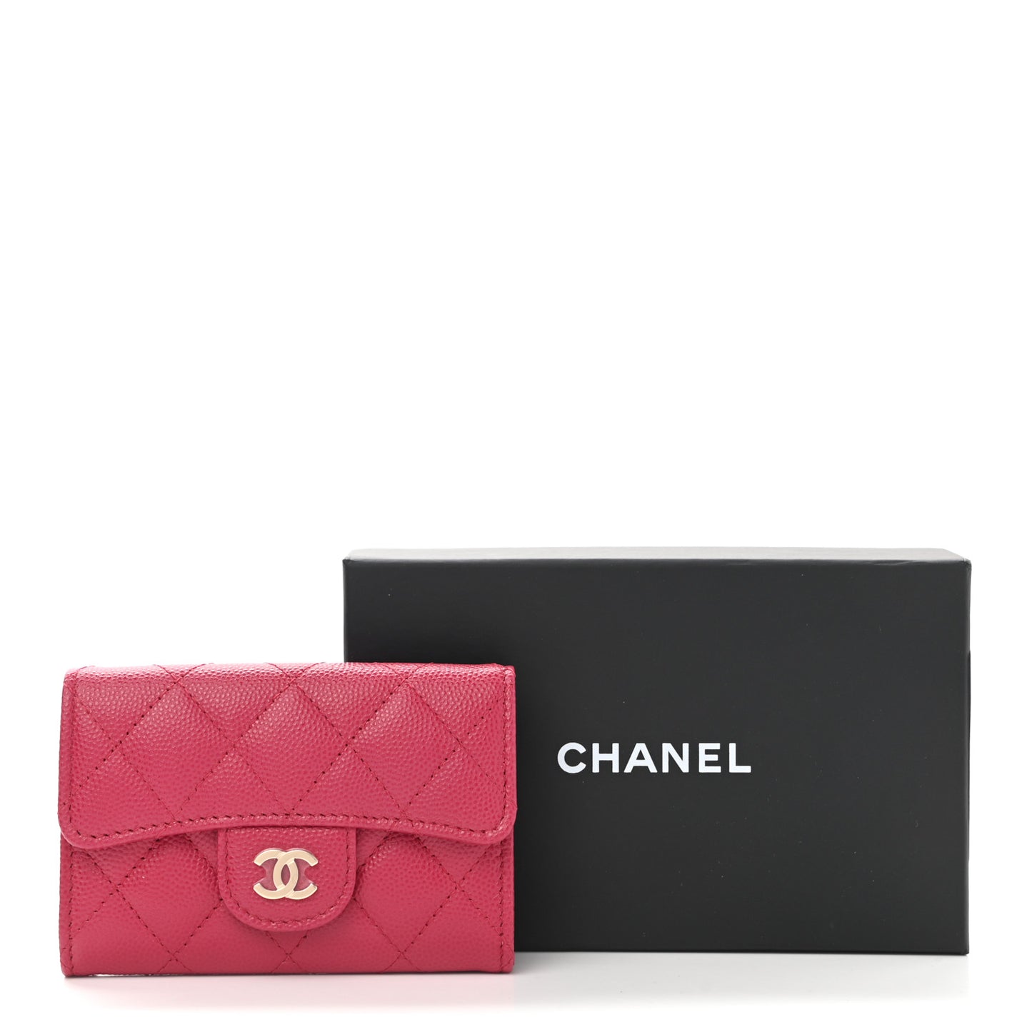 Caviar Quilted Flap Card Holder Wallet Dark Pink