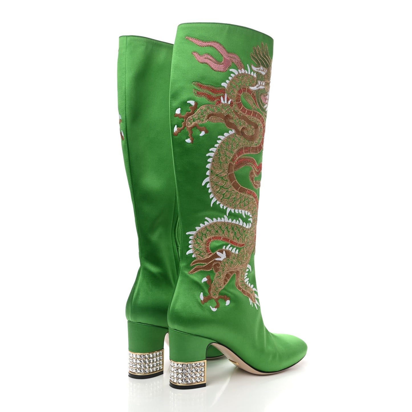 Silk Satin Malaga Kid Embroidered Candy Dragon Block-Heel Knee Boot 39 Palm