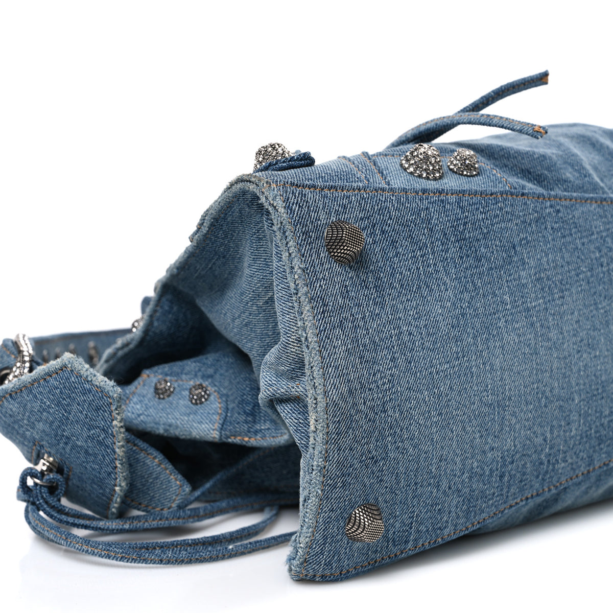 Washed Frayed Denim Crystal Neo Cagole City Handbag Blue