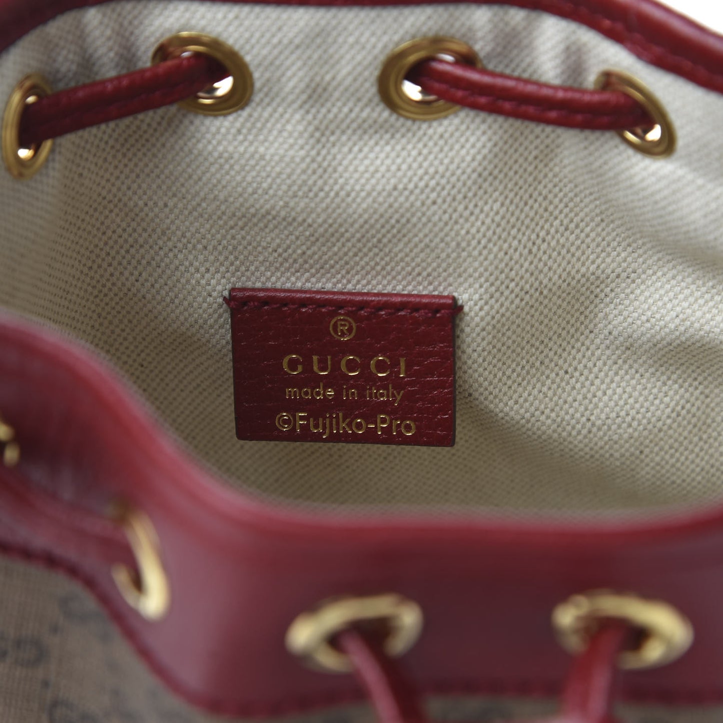 X DORAEMON Mini Vintage GG Supreme Monogram Textured Dollar Calfskin Mini Bucket Bag Beige Ebony Multicolor New Cherry Red