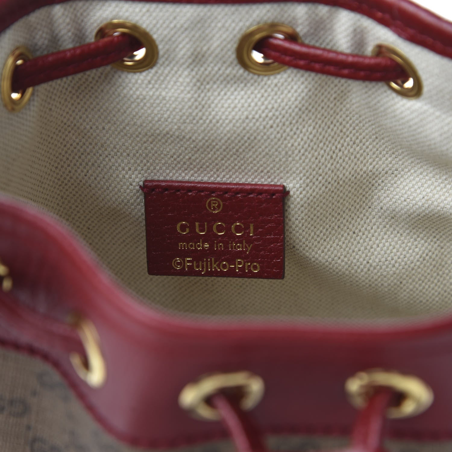 Gucci X DORAEMON Mini Vintage GG Supreme Monogram Textured Dollar Calfskin Mini Bucket Bag Beige Ebony Multicolor New Cherry Red 8 of 9