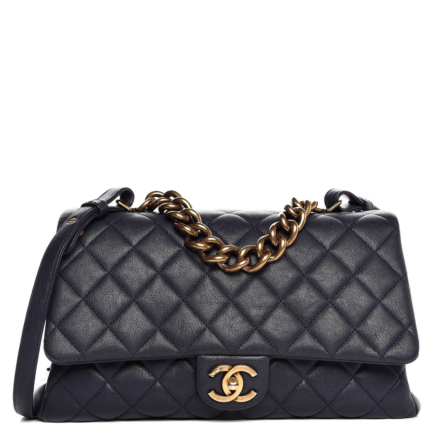 Shiny Sheepskin Quilted Large Trapezio Flap Navy
