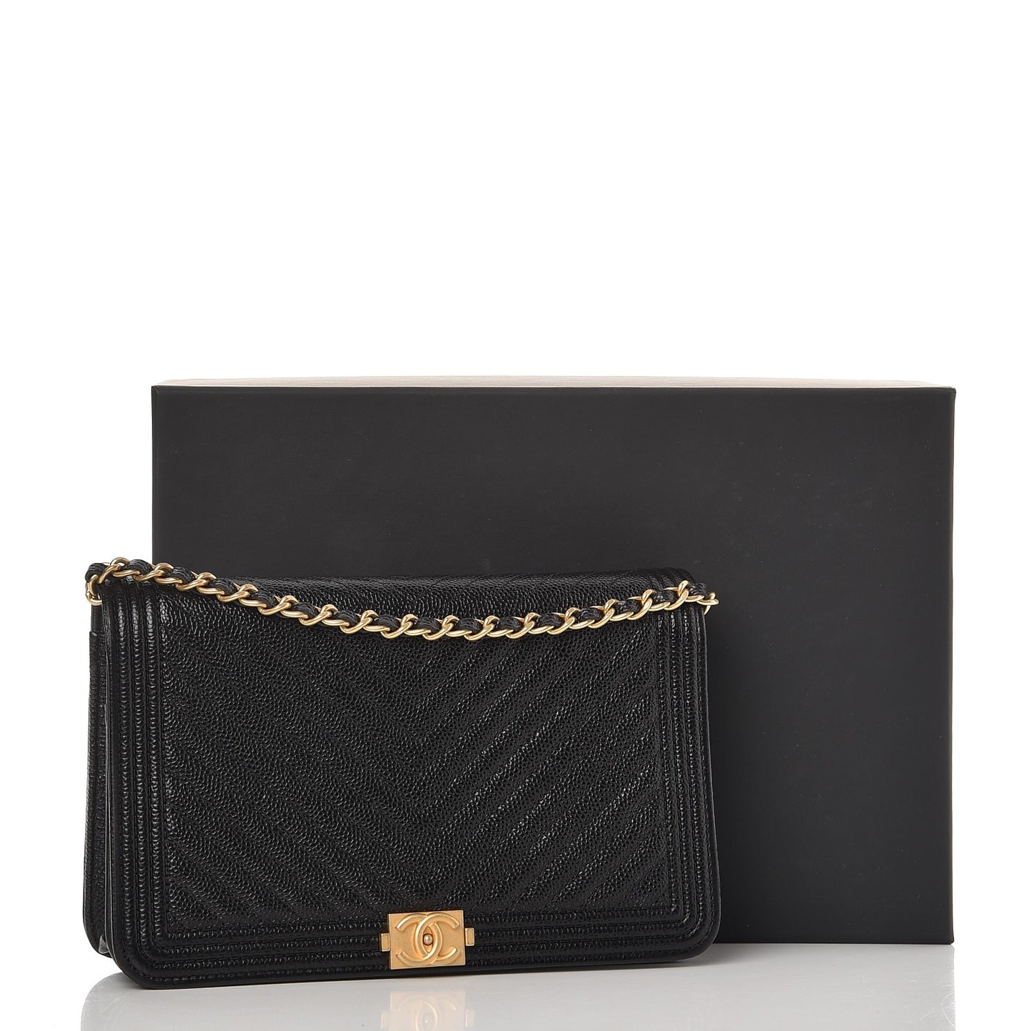 Caviar Chevron Quilted Boy Wallet On Chain WOC Black