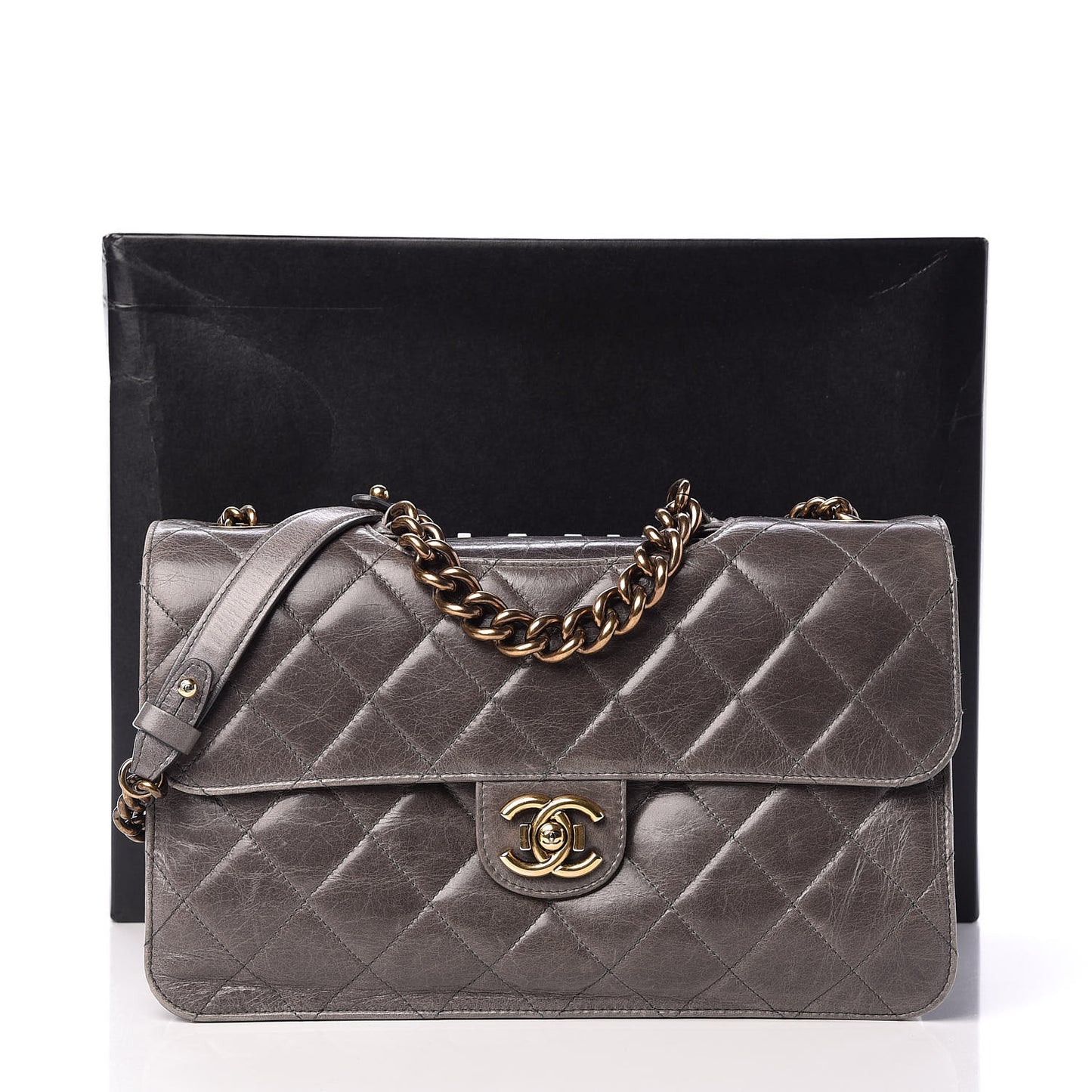 Glazed Calfskin Quilted Large Perfect Edge Flap Grey