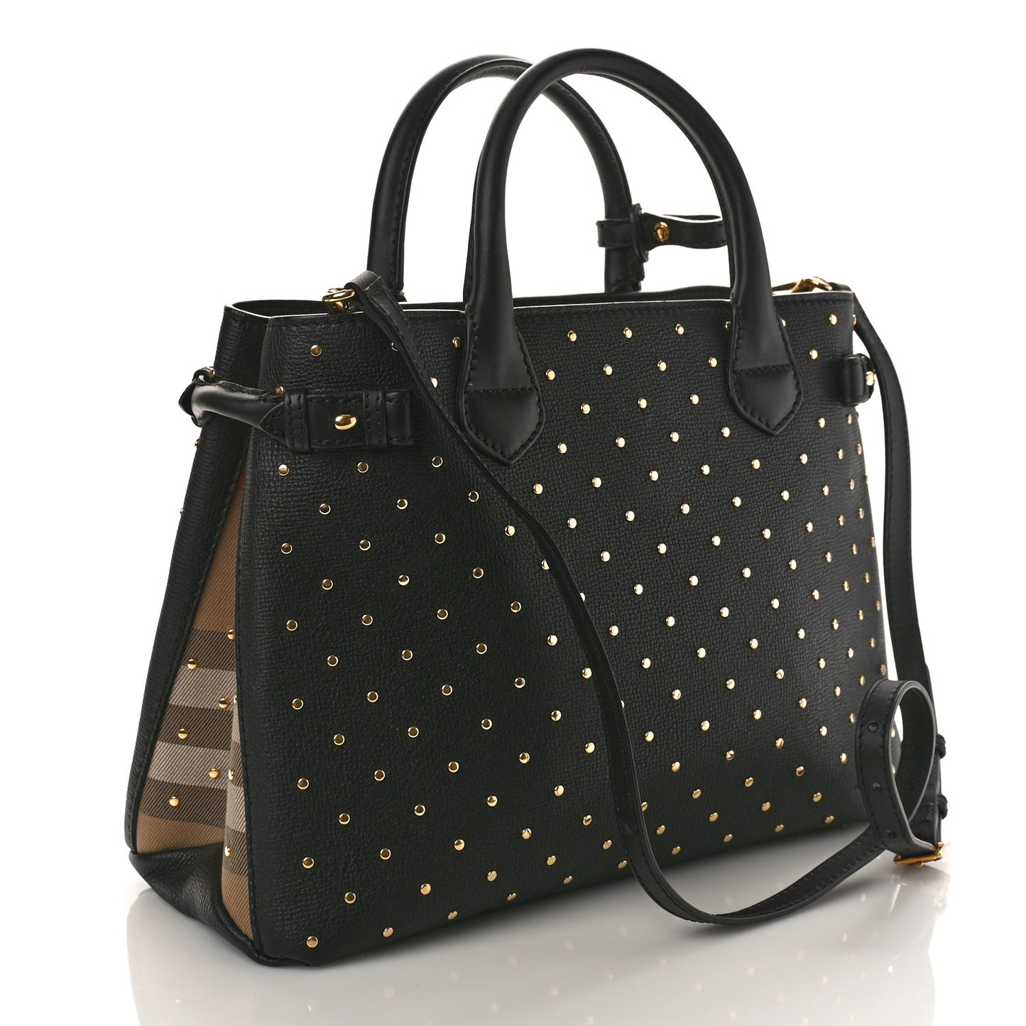 Grainy Calfskin Studded Medium Banner Tote Black