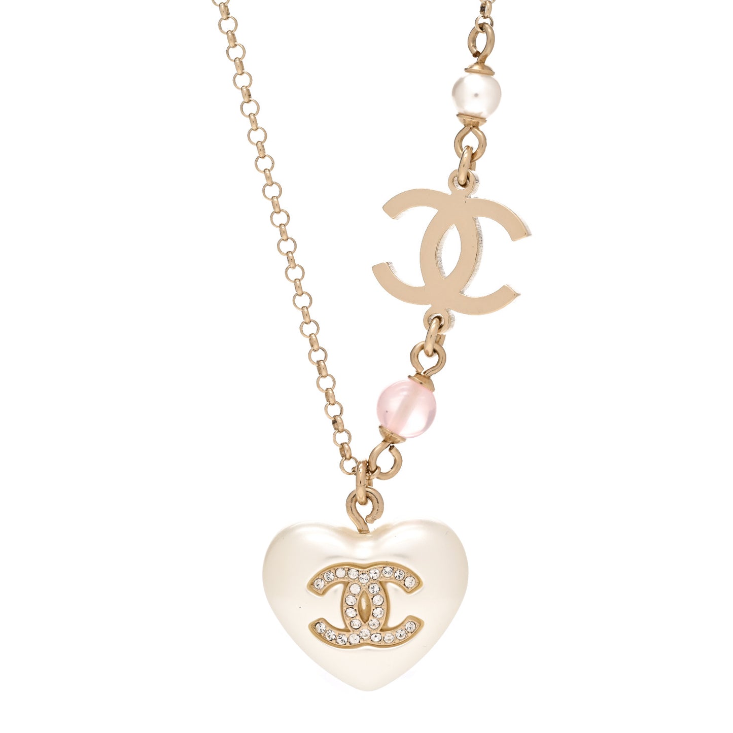 Resin Crystal CC Heart Necklace Pearly White Gold