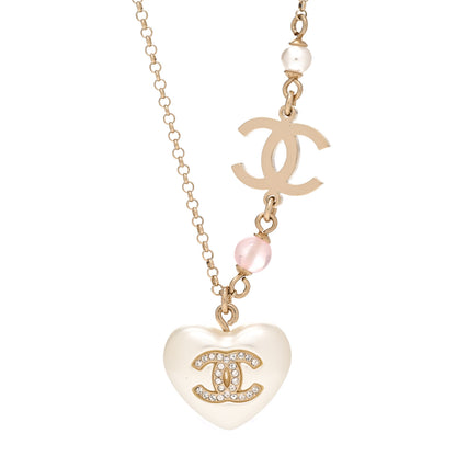 Chanel Resin Crystal CC Heart Necklace Pearly White Gold 4 of 6