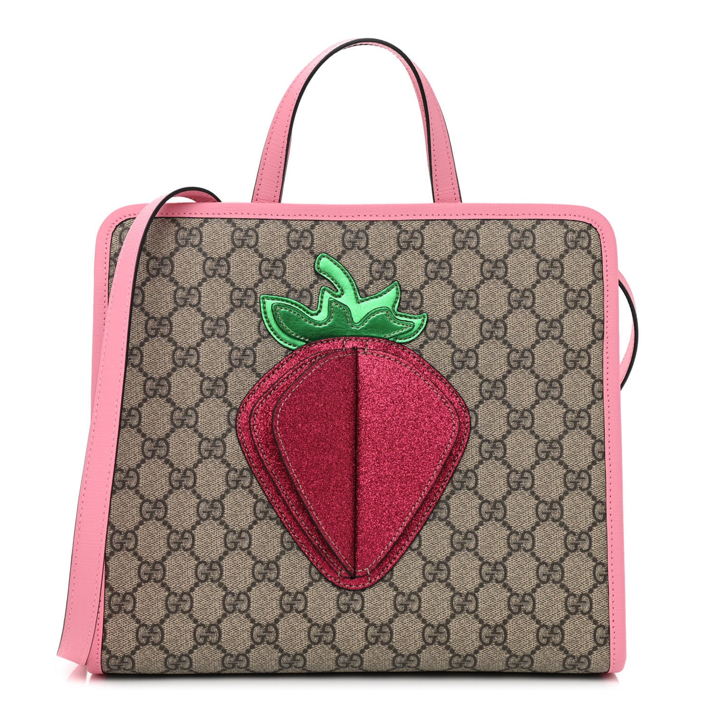 GG Supreme Monogram 3-D Strawberry Childrens Tote Beige Ebony Lotus Pink Fuxia Emerald