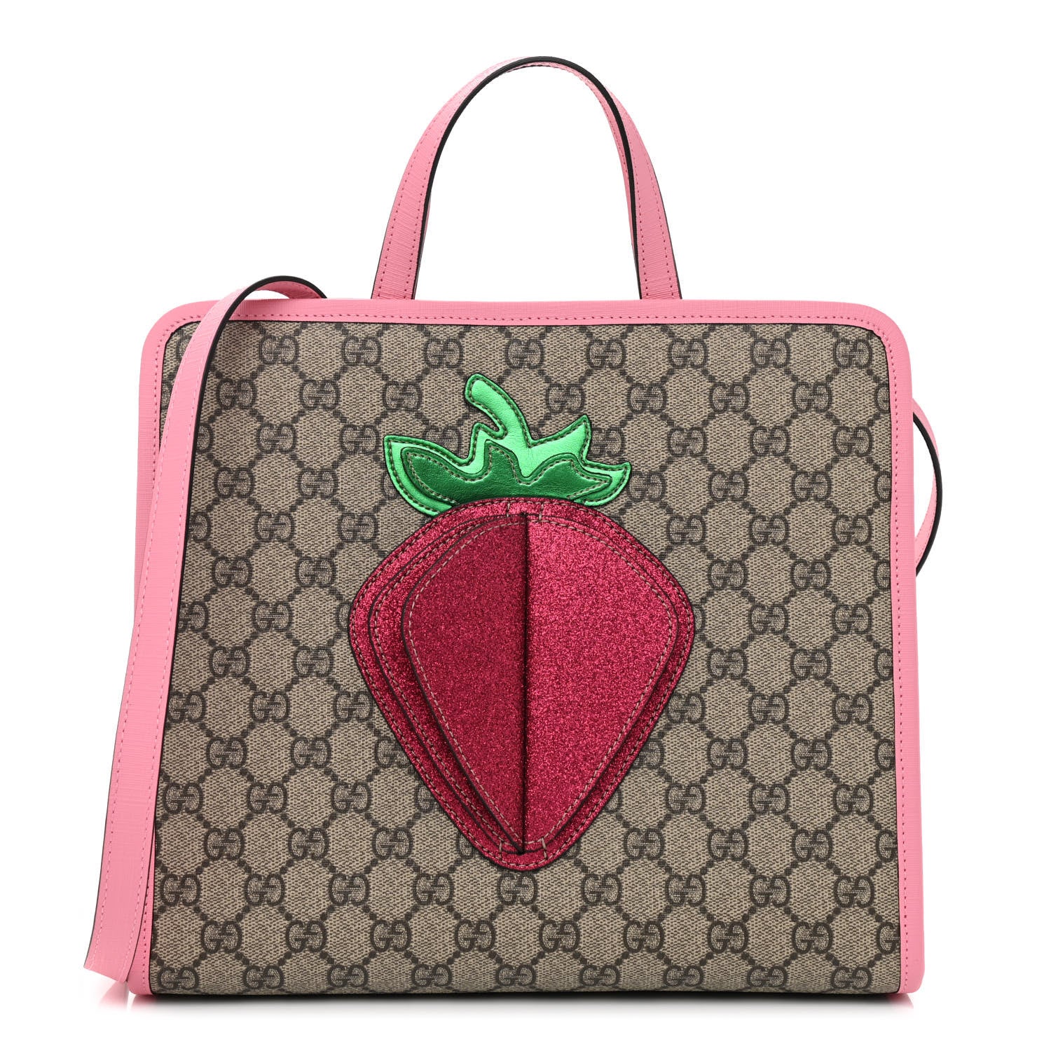 Gucci GG Supreme Monogram 3-D Strawberry Childrens Tote Beige Ebony Lotus Pink Fuxia Emerald 1 of 8