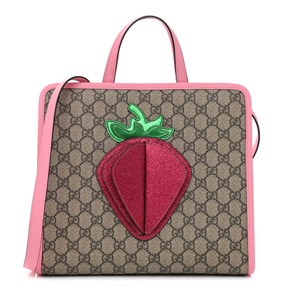 Gucci GG Supreme Monogram 3-D Strawberry Childrens Tote Beige Ebony Lotus Pink Fuxia Emerald 1 of 8