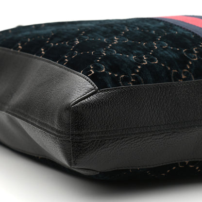 Gucci Velvet GG Monogram Textured Calfskin Web Large Ophidia Vertical Shopping Tote Blue Beige Black 10 of 11
