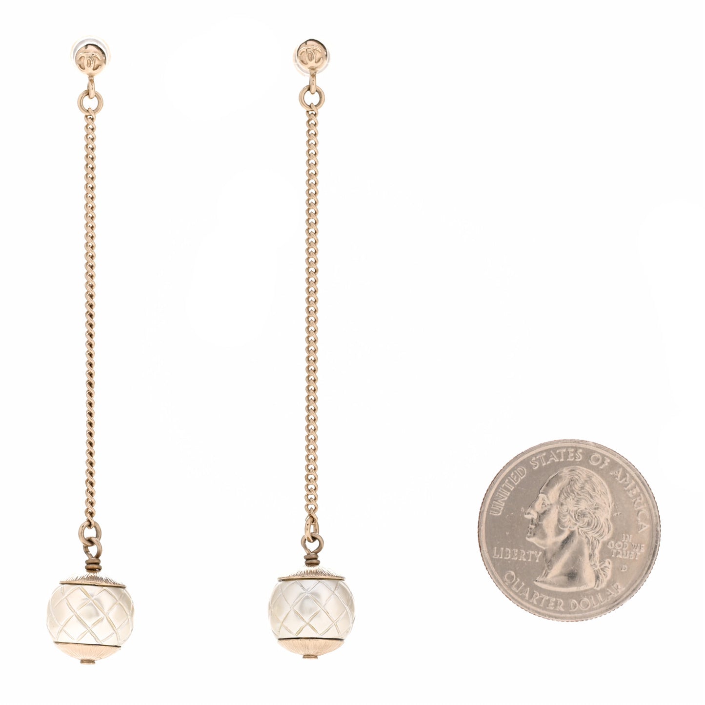 Metal Pearl Quilted CC Drop Earrings Gold