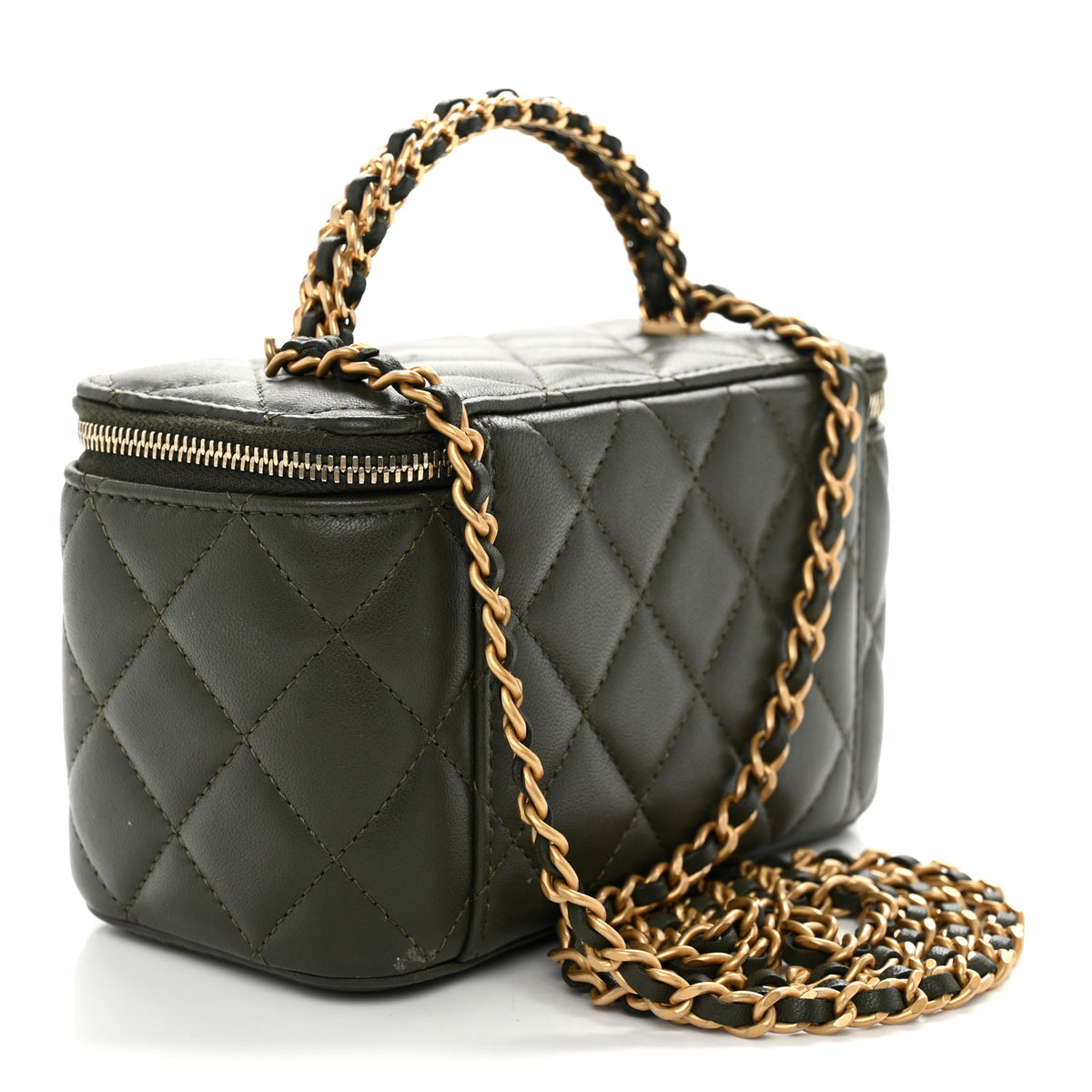 Chanel Lambskin Quilted Metal Small Top Handle Vanity Case With Chain Dark Khaki 3 of 11
